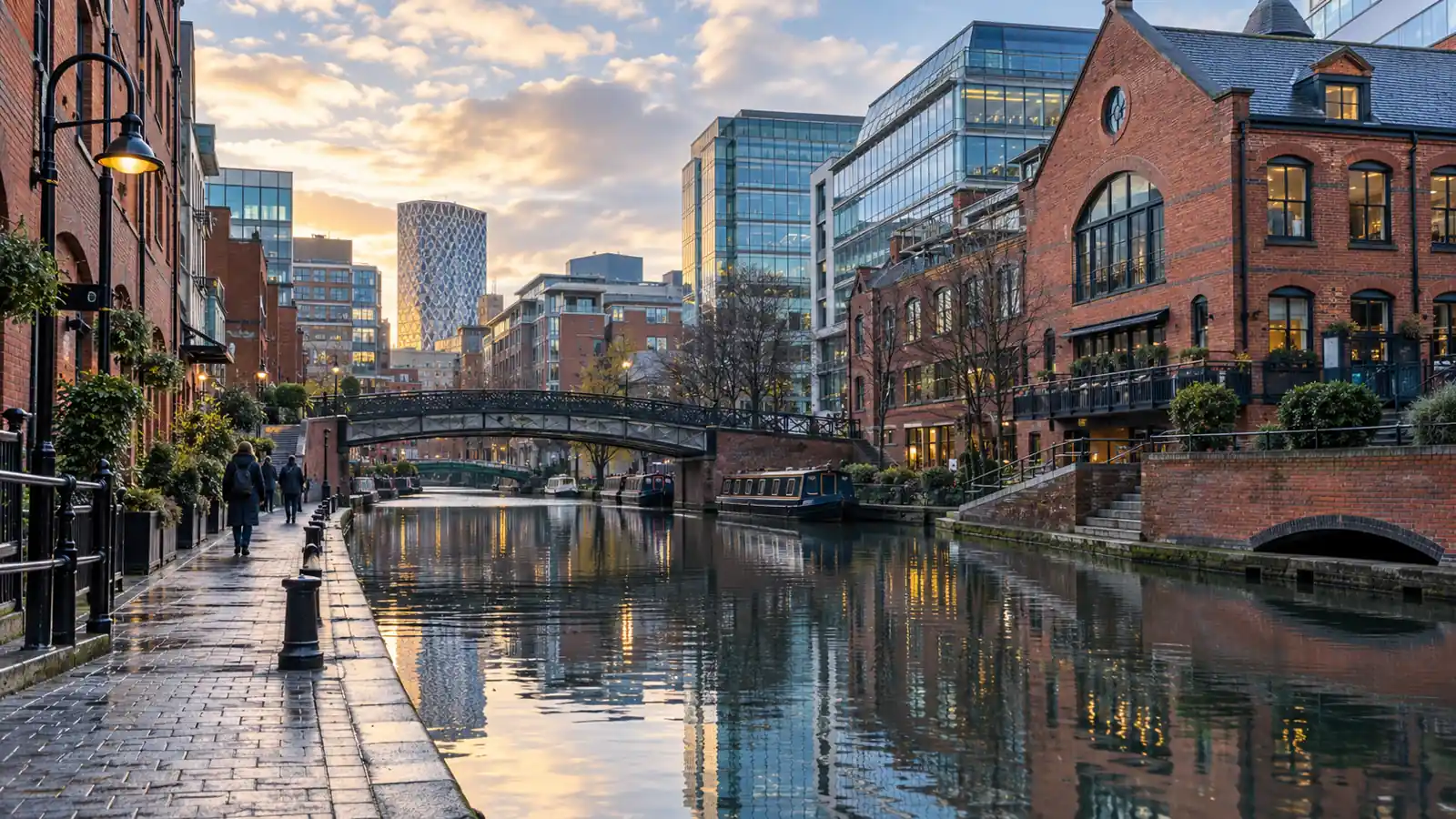 Birmingham canal waterfront and city skyline at dusk, representing the West Midlands business district Linkedo serves