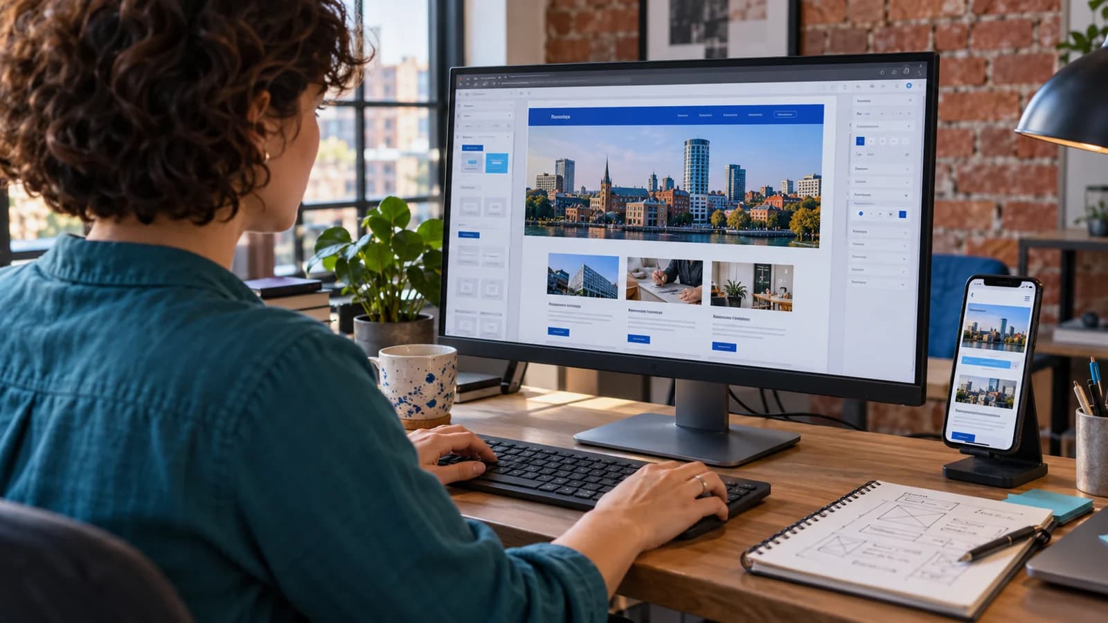 Web designer building a responsive website layout on desktop with a mobile preview alongside