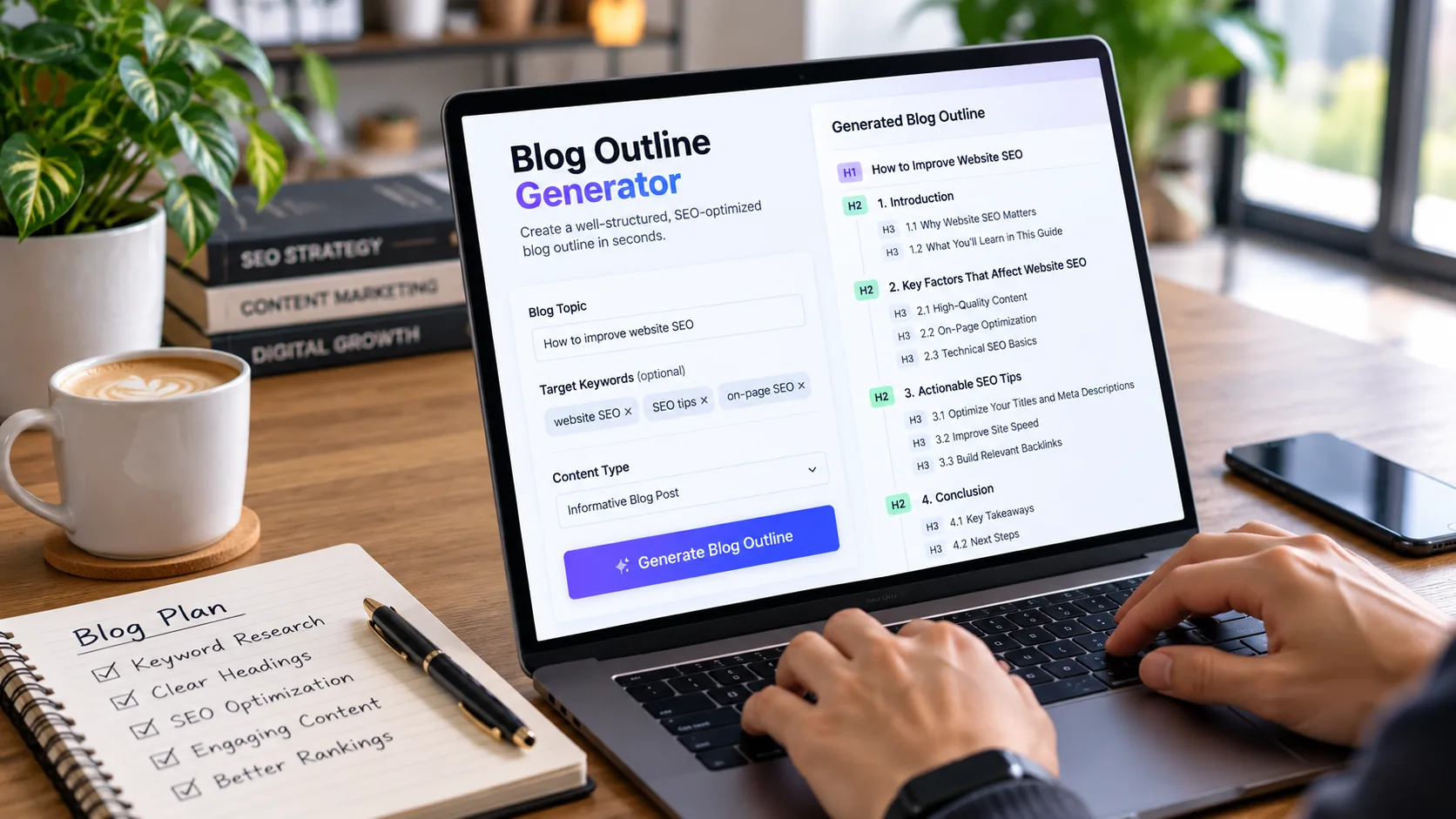 Content writer using the Linkedo Blog Outline Generator on a laptop beside a notebook with a handwritten blog planning checklist