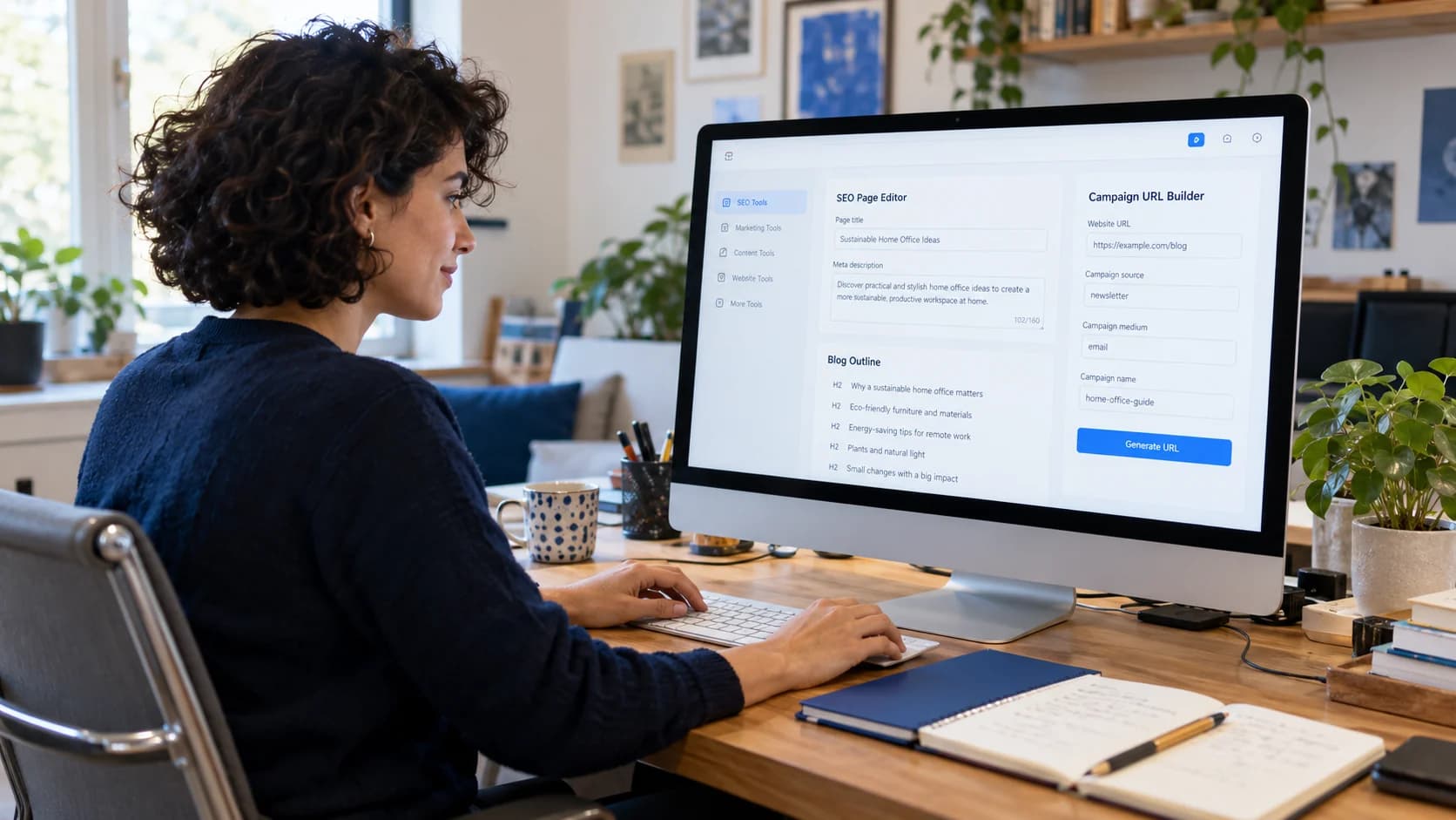 Marketing professional using SEO tools to write page titles, plan blog posts, and build campaign links.