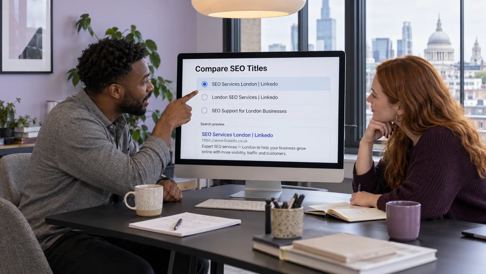 Two people comparing generated SEO title options on a monitor, with a search result preview showing the selected title and description
