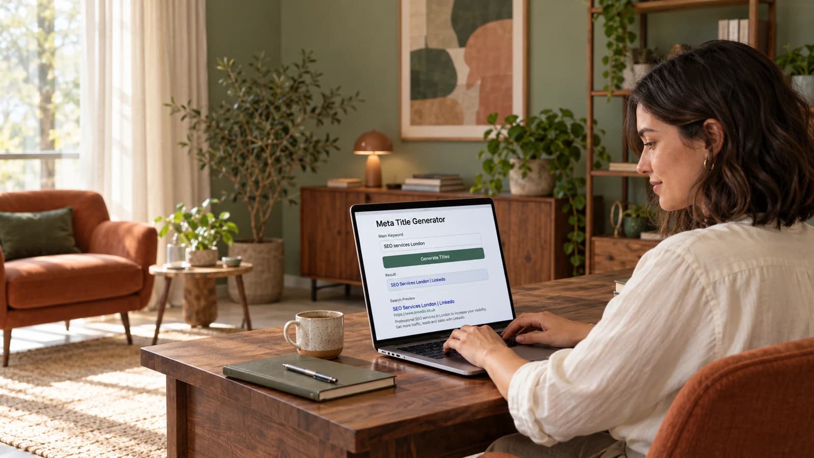 Laptop screen showing the Linkedo Meta Title Generator with a keyword entered, a Generate Titles button, and a generated SEO title with a search result preview
