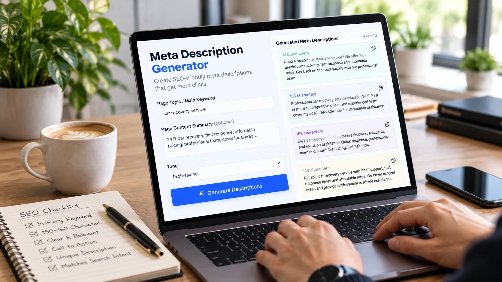 Meta Description Generator — SEO description example Laptop screen showing the Linkedo Meta Description Generator with a page topic entered and four generated meta descriptions with character counts