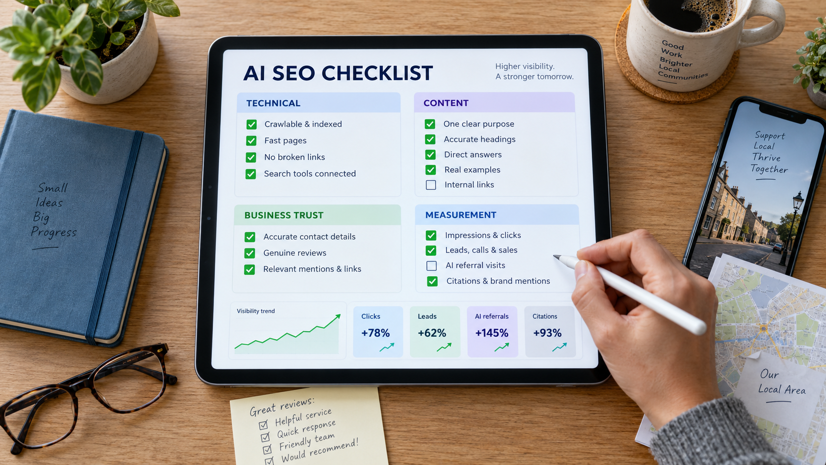 AI SEO checklist covering technical, content, business trust, and measurement checks