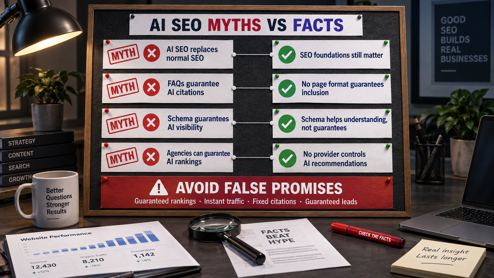 AI SEO myths versus facts board, plus a warning to avoid false promises