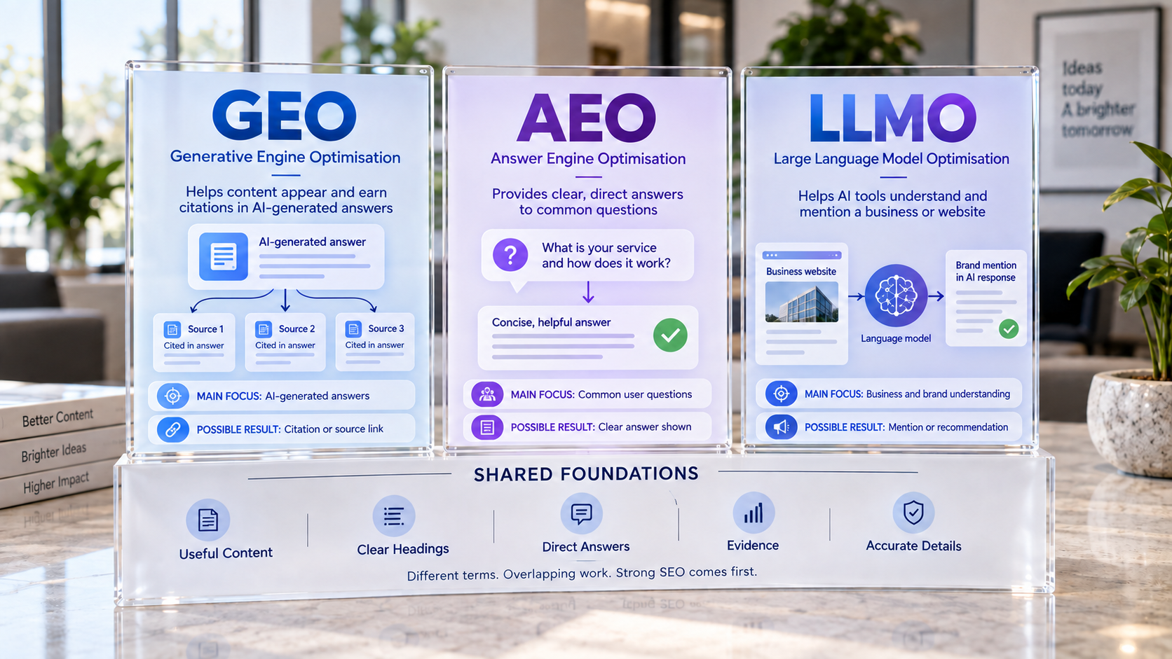 GEO, AEO, and LLMO explained side by side, showing their shared foundations
