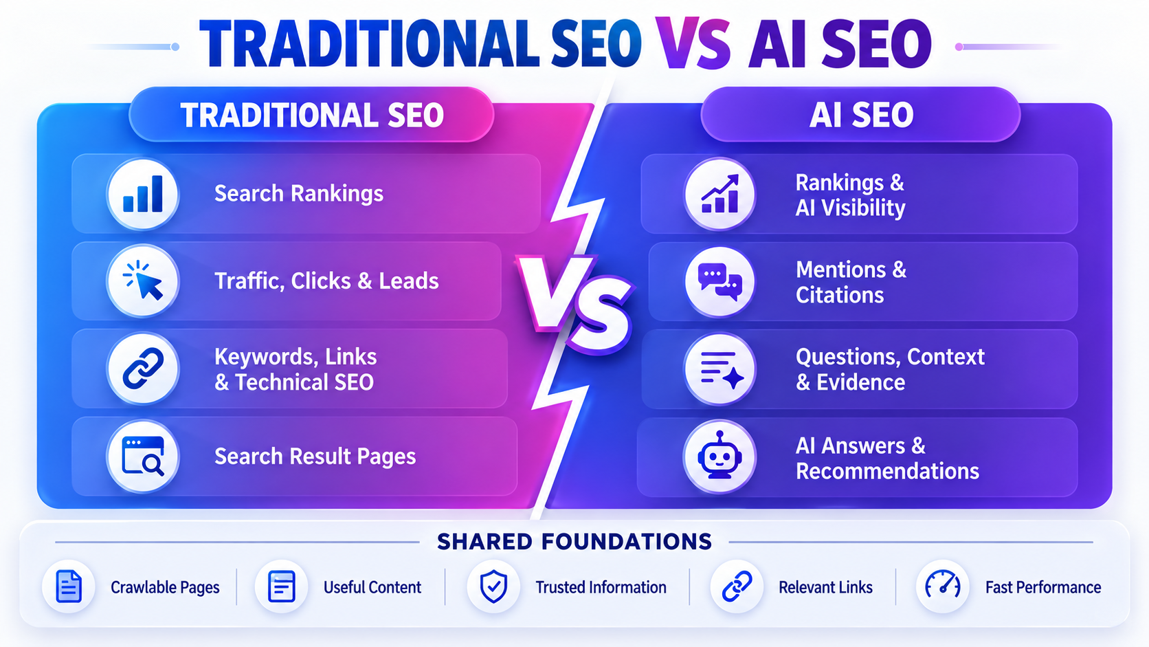 Comparison graphic showing Traditional SEO versus AI SEO and their shared foundations
