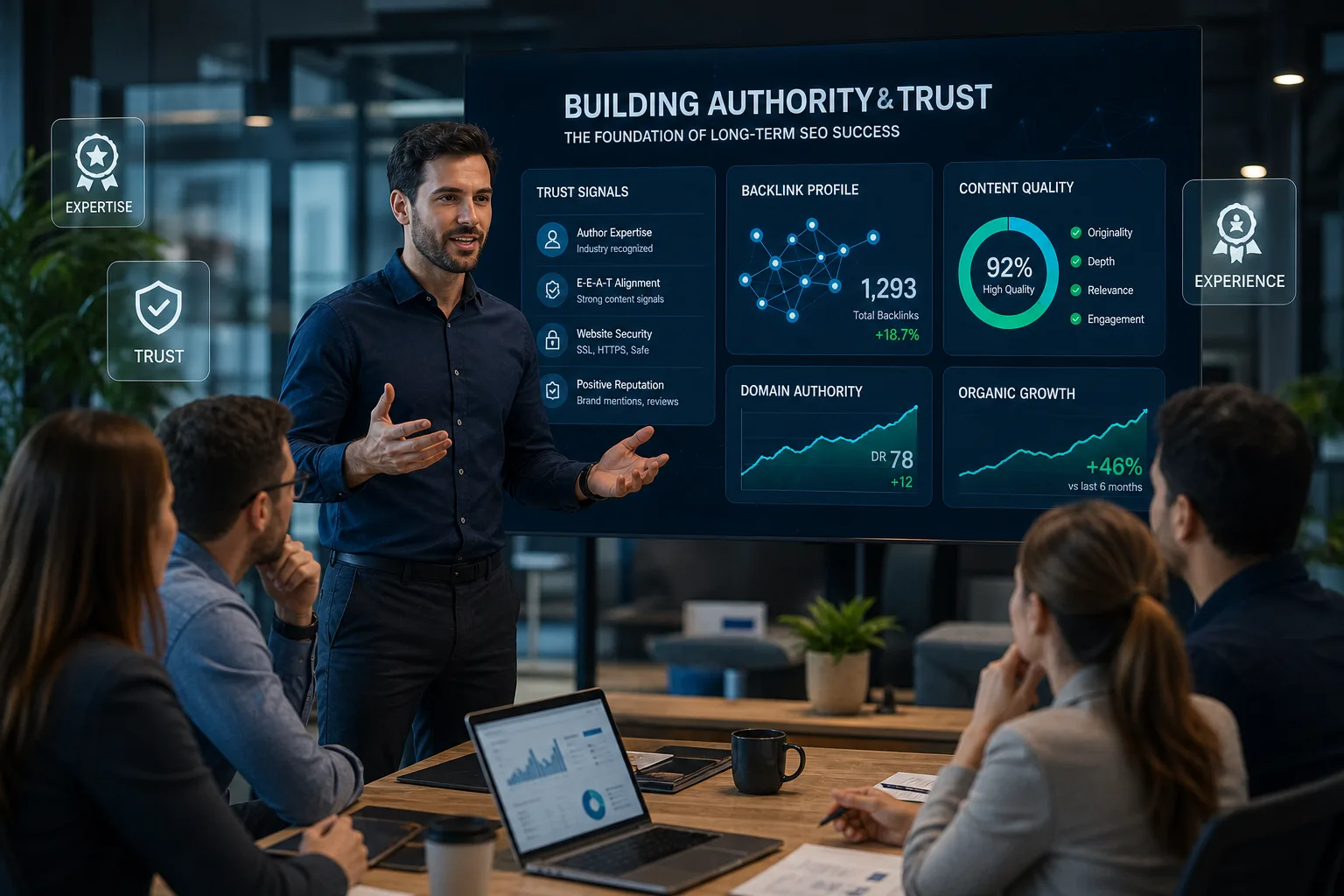 Digital marketing expert presenting SEO strategy with trust signals and backlink growth charts