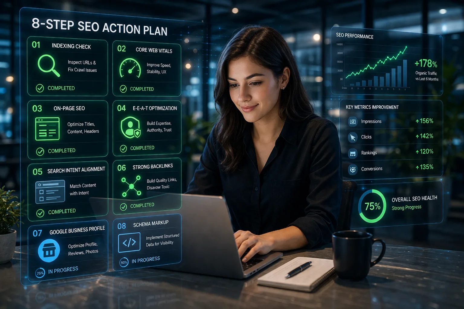 Marketer working on laptop with 8-step SEO checklist and performance growth indicators