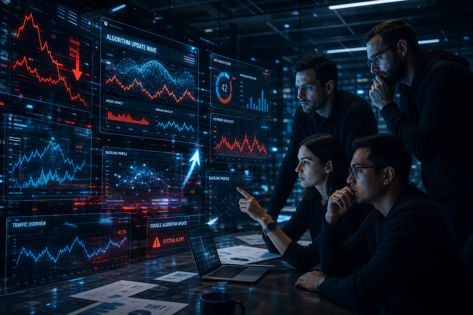 Digital marketing team analyzing fluctuating SEO graphs and Google algorithm updates