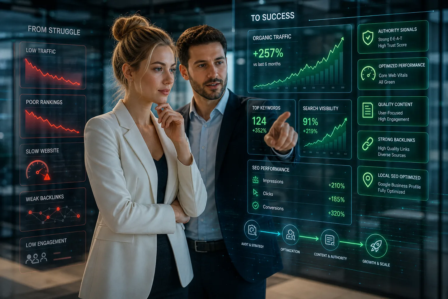Business owner and marketing expert reviewing growth charts showing improved SEO performance