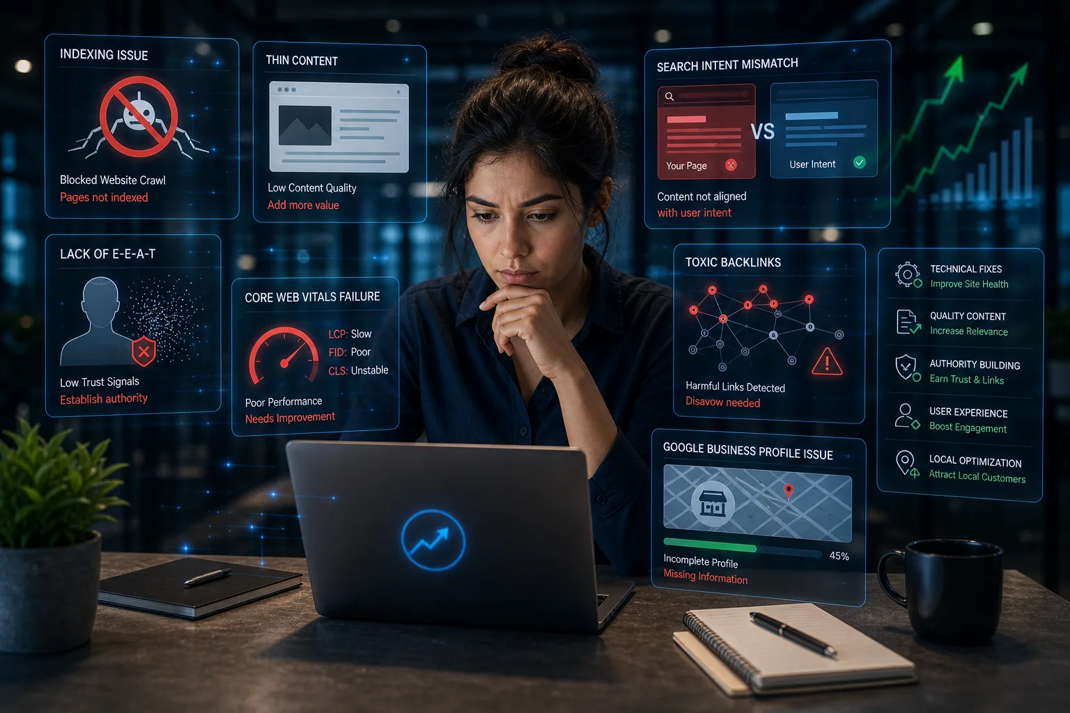 Woman analyzing SEO issues like indexing, backlinks, and Core Web Vitals on laptop